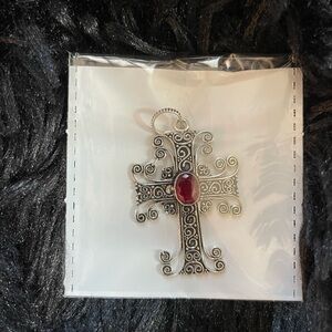 Silver Cross Pendant with Red Gem